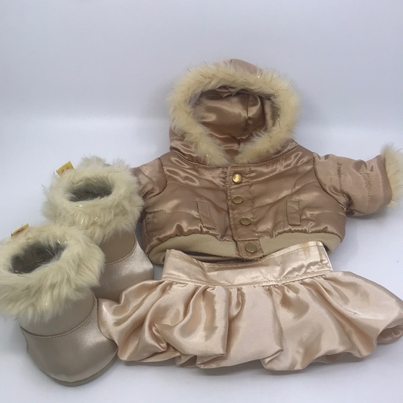 Build A Bear 3 Piece Outfit Tan Metallic Hoodie Snap On With Skirt And Boots - Picture 1 of 11
